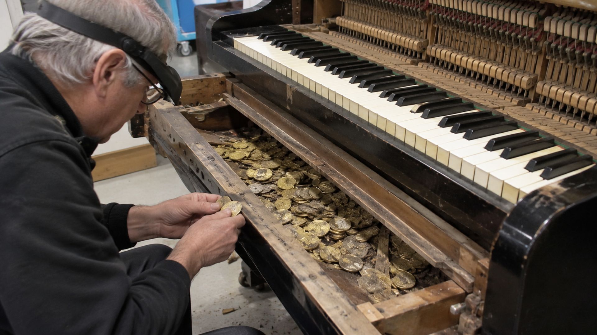 Afinador abre piano doado a escola e encontra 913 moedas de ouro, cerca de 6 kg de metal precioso escondidos havia décadas sob o teclado.