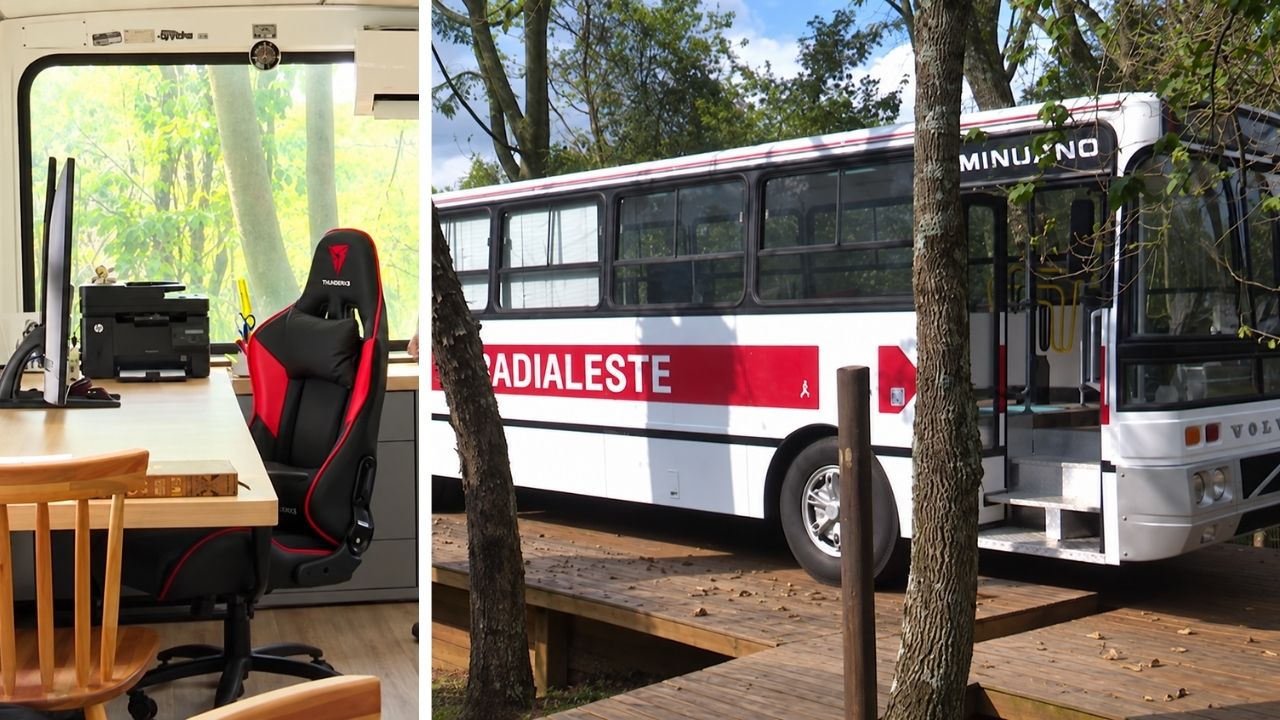 Apaixonado por ônibus desde criança compra modelo raro de 1988 em Santa Catarina para transformar em motorhome, desiste de viajar e cria dentro do veículo um escritório particular (3)