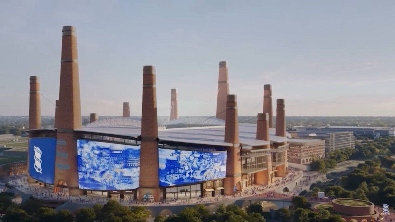 Birmingham City reaproveita um milhão de tijolos de hospital histórico no Powerhouse Stadium, arena de 62 mil lugares até 2030.
