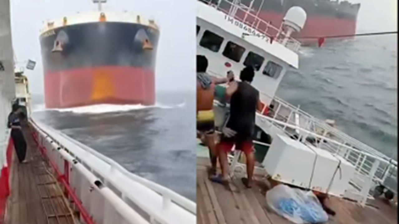 O barco pesqueiro chinês Lu Qing Yuan Yu 108 colidiu com o navio graneleiro panamenho First Margaux no Estreito de Singapura. Foto: captura de tela X