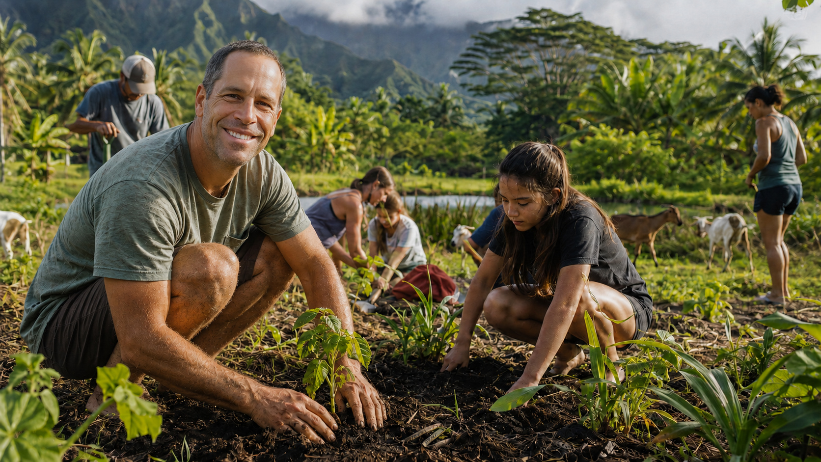 Jack Johnson planta uma muda ao lado de estudantes e voluntários em fazenda comunitária no Havaí, com cultivos, cabras e área úmida ao fundo.