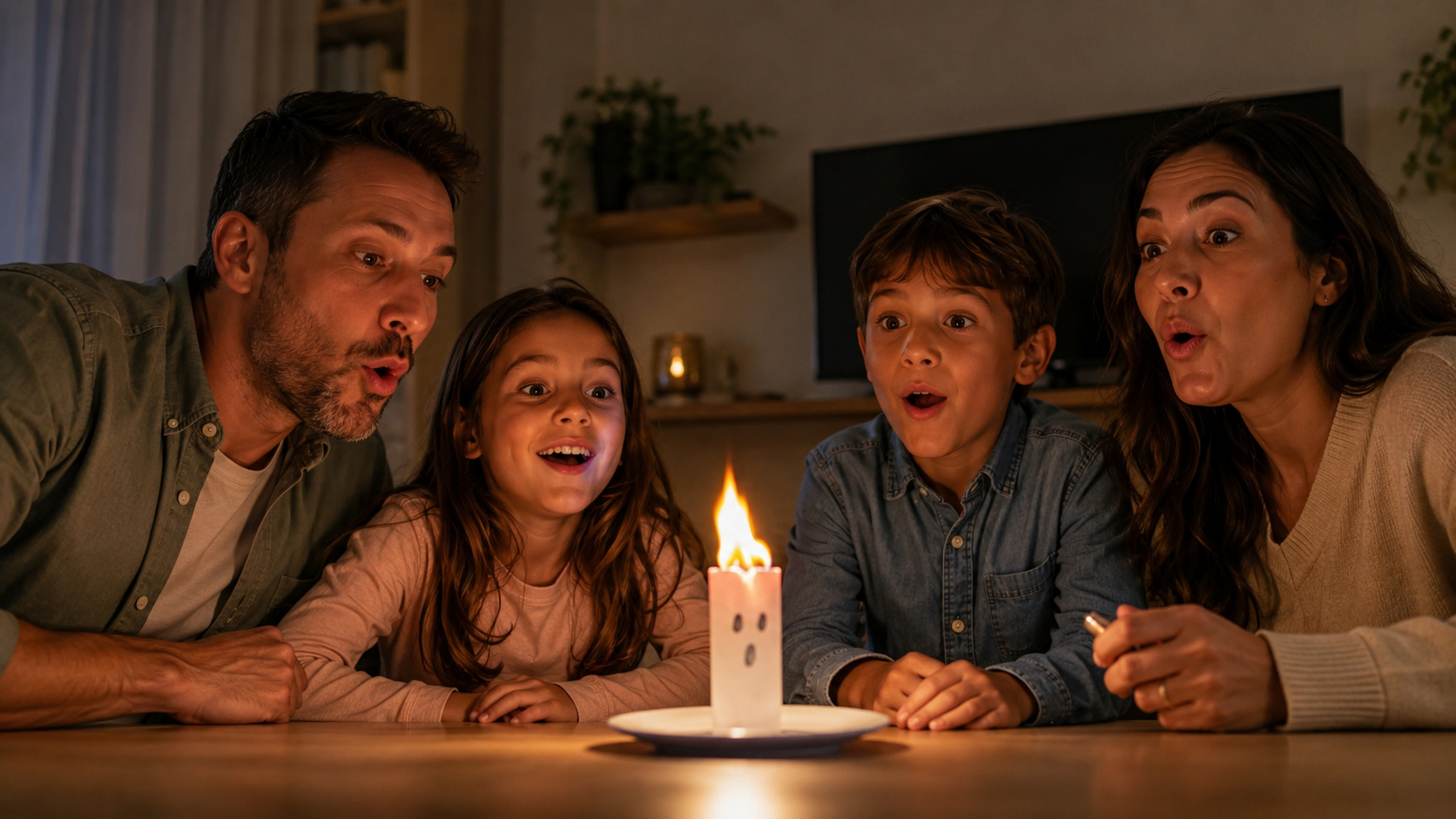 Família observa experimento com fantasminha de papel em chamas sobre um prato