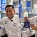Homem em lotérica ao lado de pilhas de apostas da Lotofácil da Independência, representando bolão com mais de 60 mil jogos.