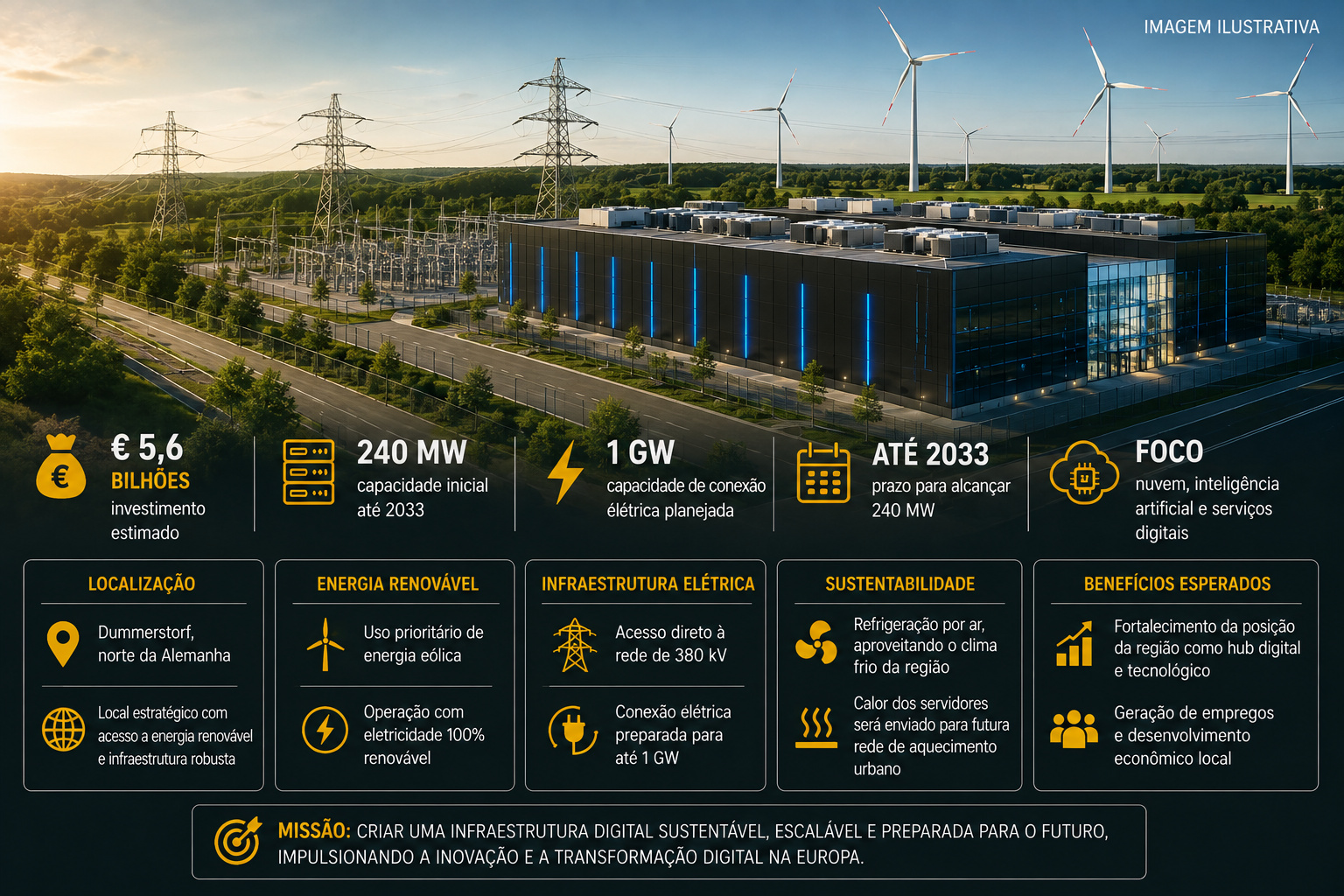 Schwarz Group escolhe Dummerstorf, no norte da Alemanha, por acesso a energia eólica e rede de 380 kV; instalação deverá operar com eletricidade renovável, aproveitar o clima para refrigeração por ar e enviar calor dos servidores para uma futura rede de aquecimento urbano.
