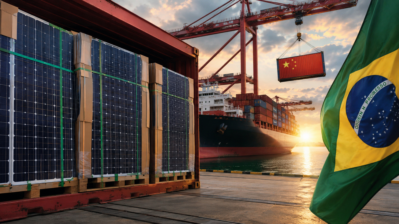 Painéis solares em contêiner durante operação portuária, com navio cargueiro e bandeiras do Brasil e da China ao fundo.