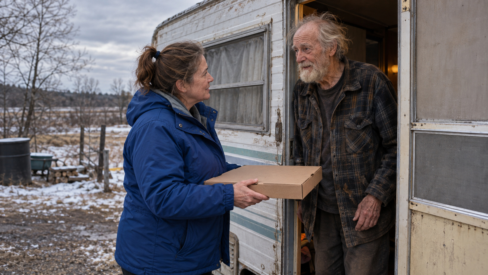 Entregadora de pizza conversa com idoso de 76 anos diante de trailer sem água, luz ou aquecimento no Minnesota