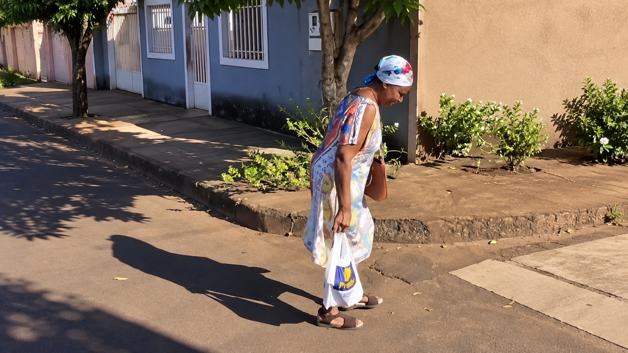 Dona Alcina, de 79 anos, caminha com dificuldade carregando compras pelas ruas de Itumbiara, em Goiás, pouco antes de ser abordada e ajudada pelo motociclista Marcos “Magrão”. Foto: Reprodução