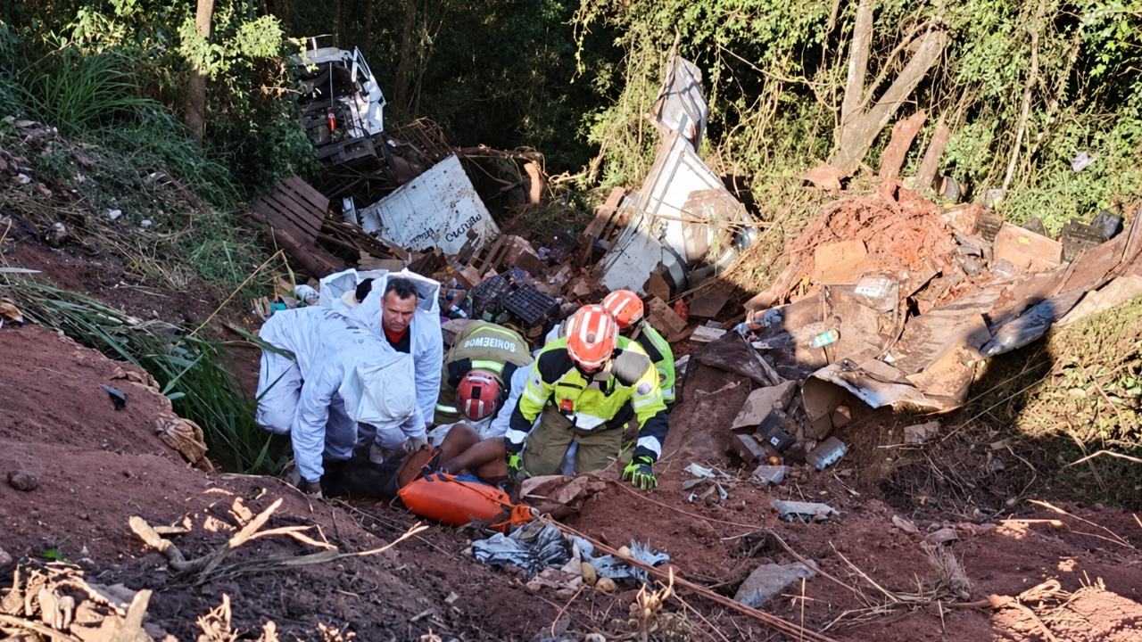 Caminhoneiro de 40 anos despenca com veículo carregado de batatas por ribanceira de cerca de 100 metros em rodovia mineira, atinge colmeia na queda e bombeiros precisam vestir roupas de apicultor para conseguir resgatá-lo