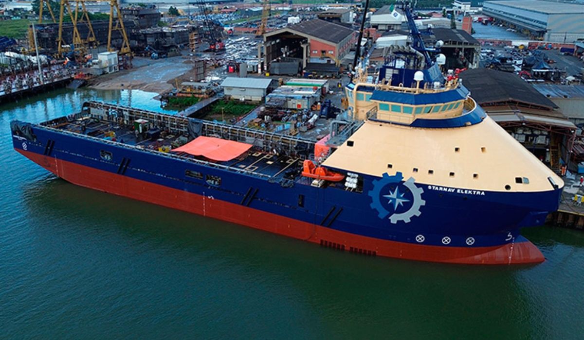 Starnav Elektra, PSV híbrido construído pelo estaleiro Detroit Brasil, em Itajaí, integra uma nova série de embarcações que vai operar para a Petrobras. Crédito: Divulgação / Detroit Brasil