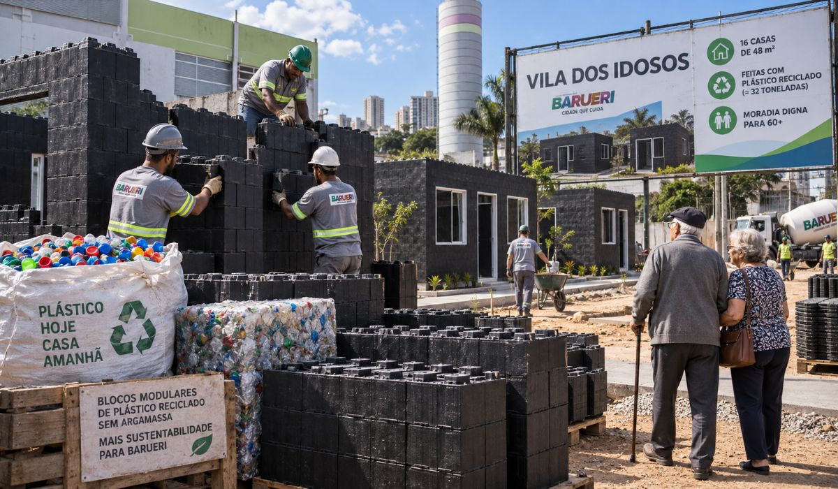 Vila dos Idosos em Barueri terá 16 casas de plástico reciclado, com blocos intertravados sem argamassa e foco em acessibilidade social. - Imagem: Ilustrativa via I.A