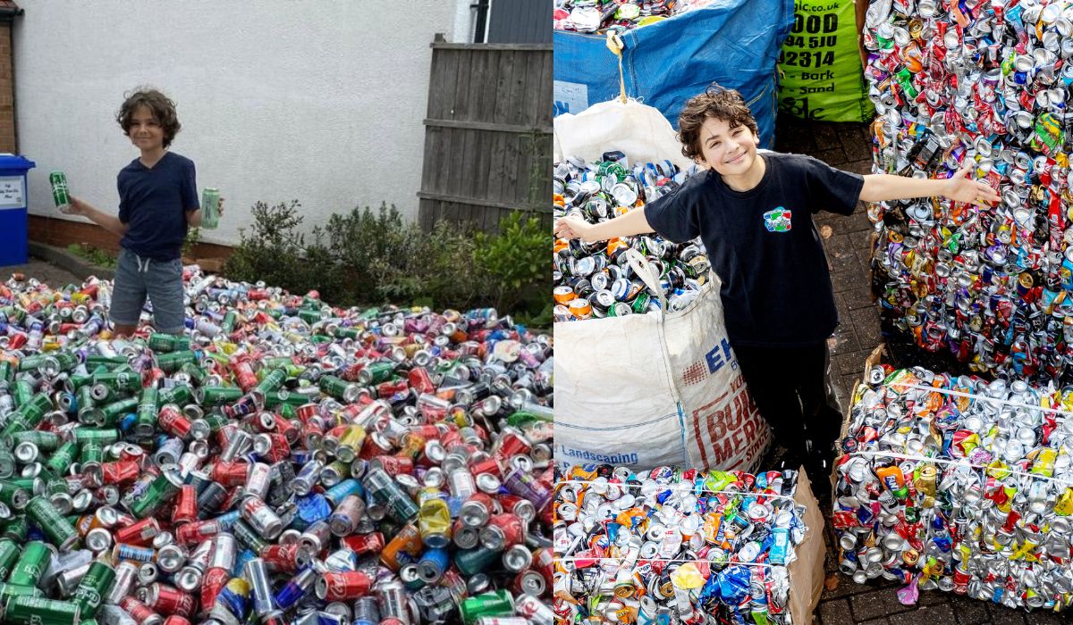 Aos 13 anos, Ryan Hulance reciclou 1,5 milhão de latas e transformou o alumínio em cerca de R$ 130 mil para ajudar famílias na Inglaterra. - Crédito: Montagem/We Can CIC/Reprodução