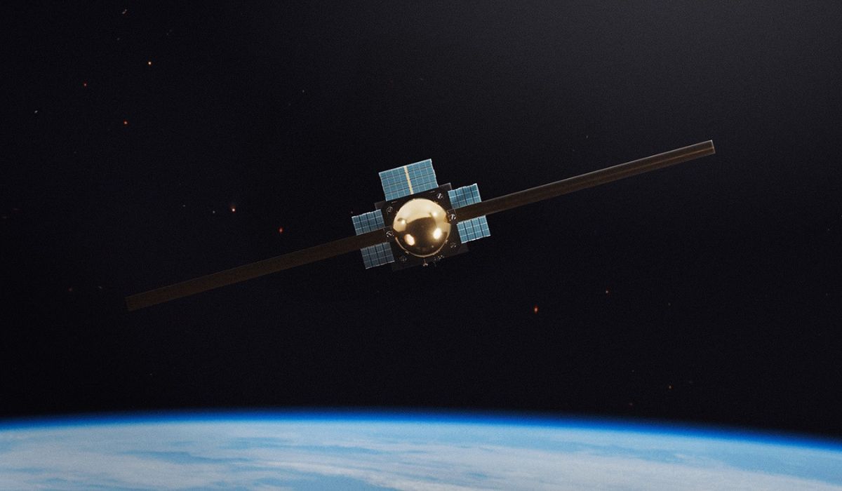 Render mostra o Templo Orbital, satélite artístico brasileiro que será lançado pela SpaceX na missão Transporter-18. Crédito: RiseNY&Partners / Edson Pavoni