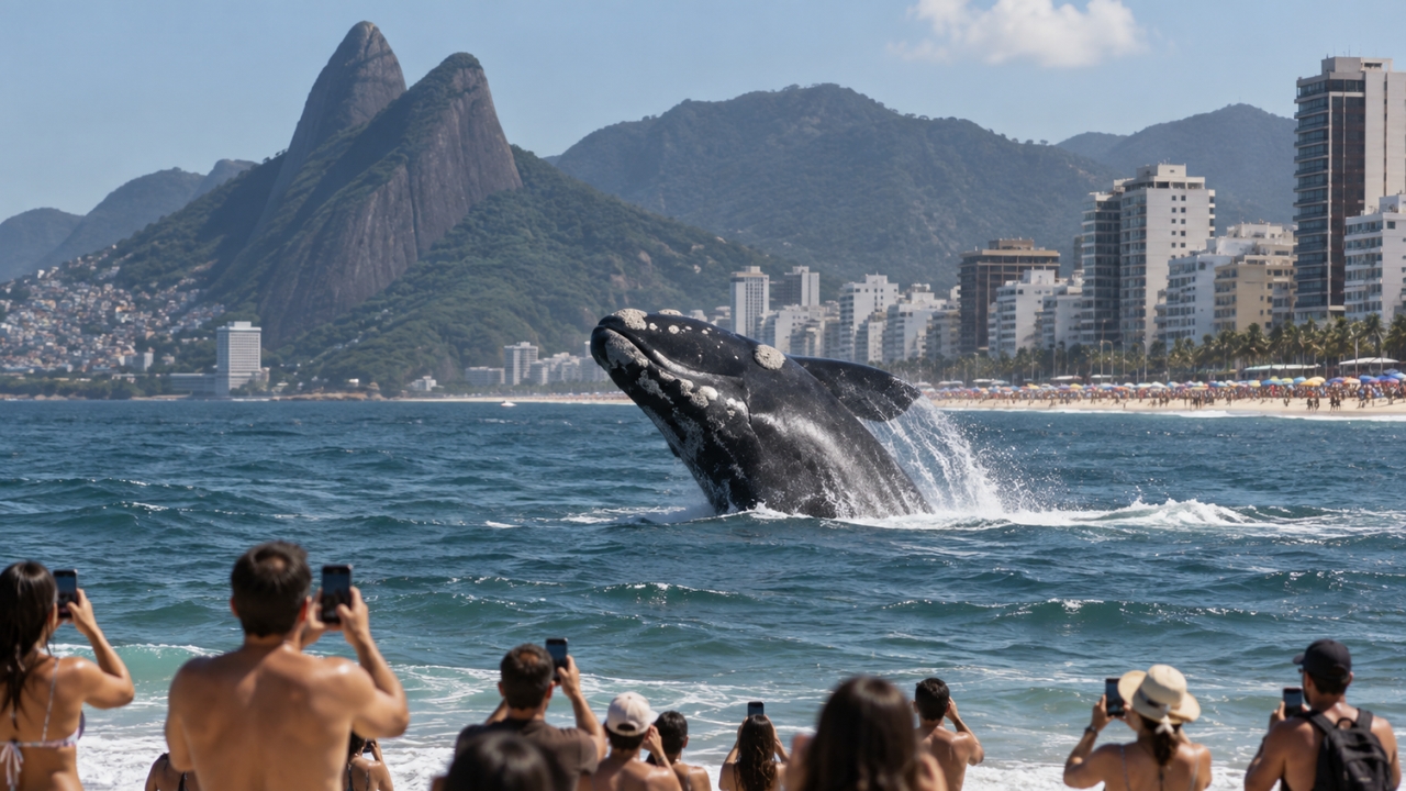 Baleia-franca surge a poucos metros da Praia do Leblon, realiza sequência de saltos diante dos banhistas e transforma tarde comum no Rio em espetáculo registrado em vídeo