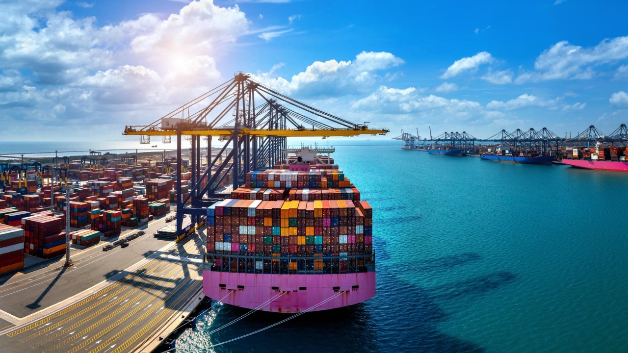 Porta-contêineres atracado em terminal marítimo durante operação de carga e descarga, em imagem contextual do transporte entre Ásia e Brasil. A disparada do frete da China, de cerca de US$ 3 mil para até US$ 9,5 mil por contêiner, aumentou a pressão sobre os custos de importação de pneus.