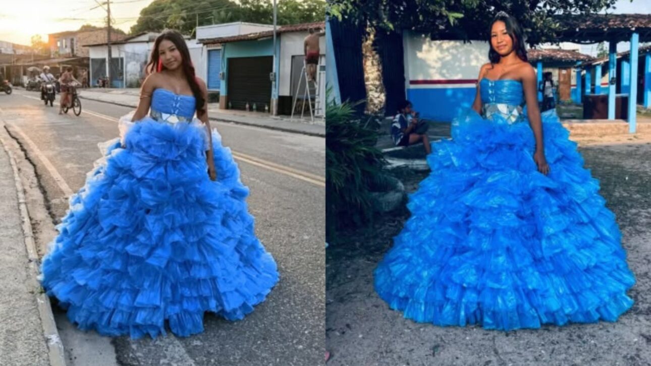 Estudante brasileira transforma quase 800 sacolas plásticas em um vestido de festa digno de passarela