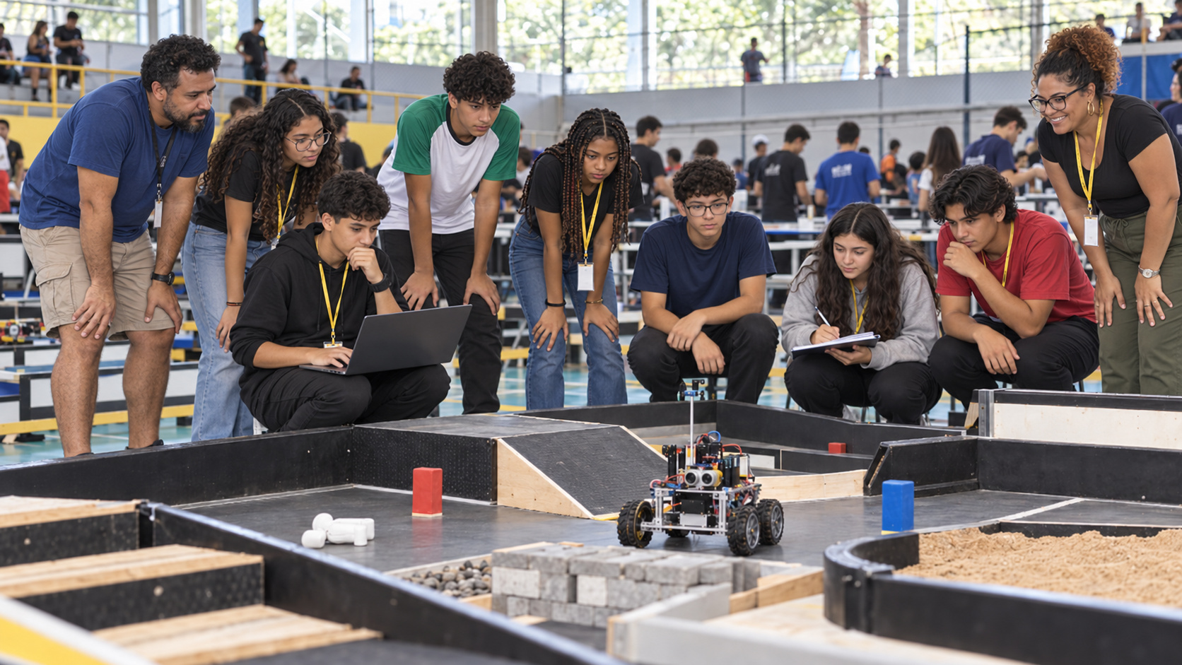 Estudantes programam robô autônomo de resgate durante competição de robótica escolar.