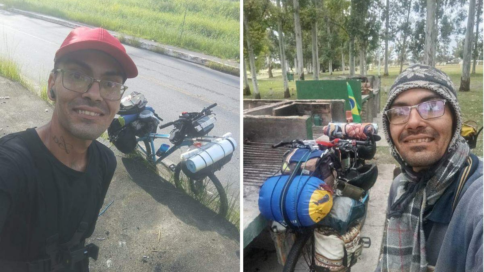 Georgios Aciro Sarmento Beinis no começo da viagem, com a bicicleta carregada, e já na Argentina, agasalhado para o frio.