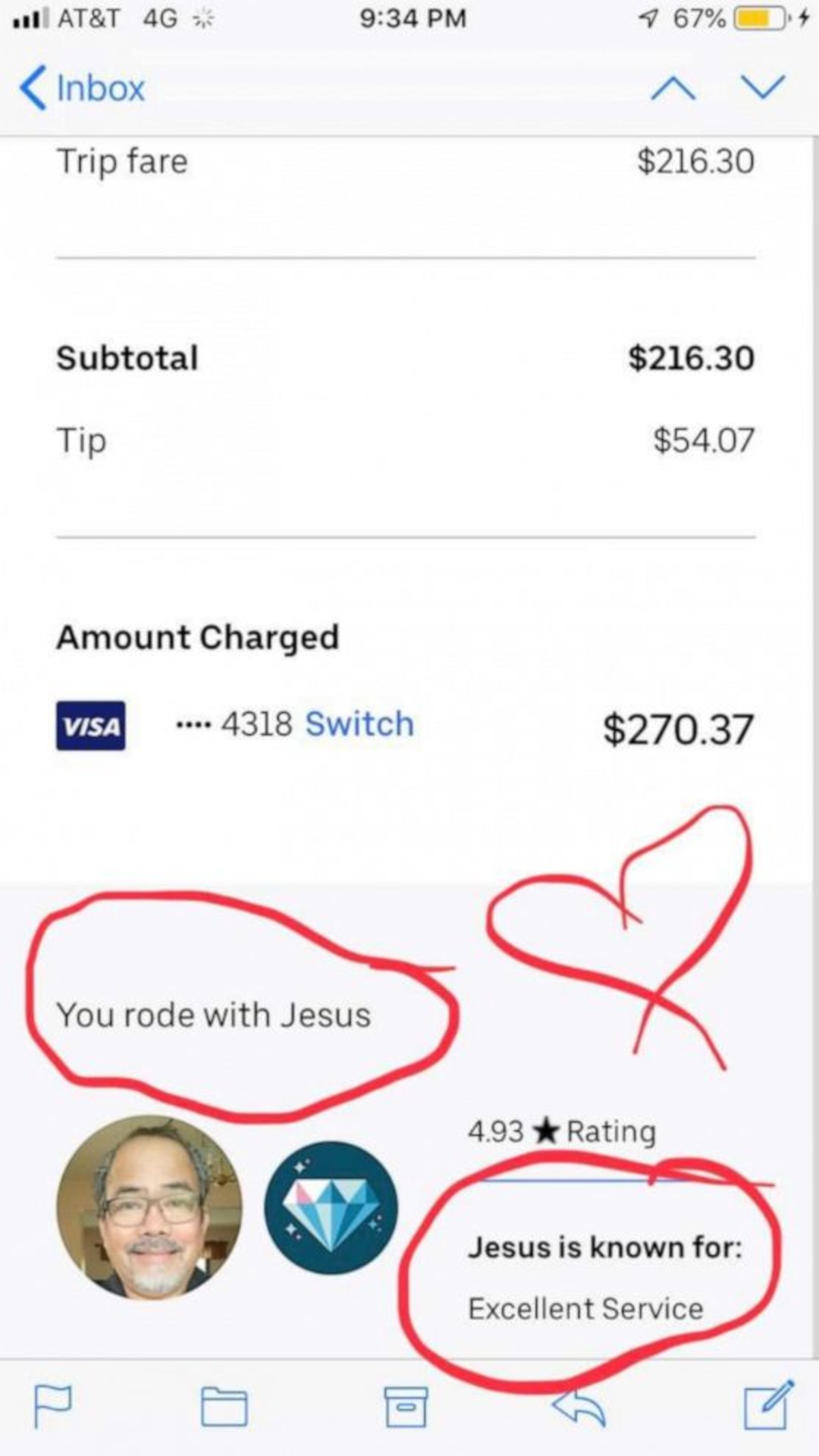 Comprovante da corrida de Uber com tarifa de US$ 216,30 e gorjeta de US$ 54,07 para Jesus Florentino