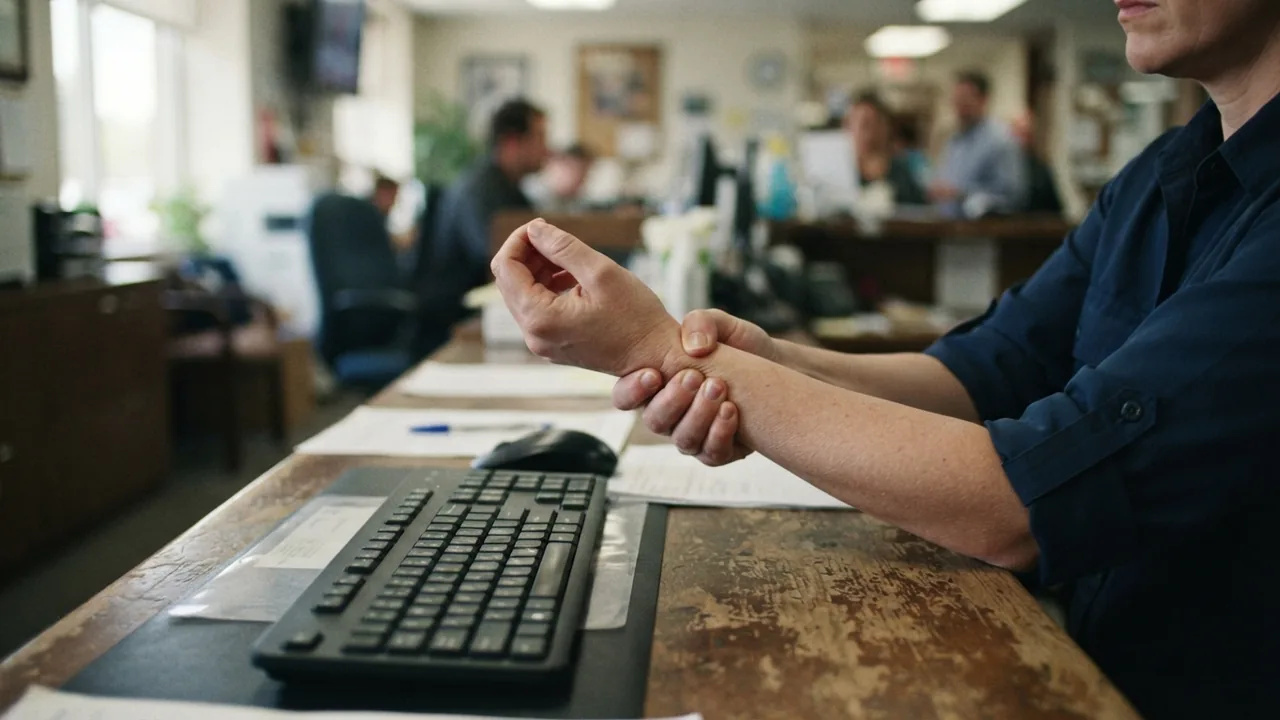 Mãos sobre um teclado em balcão de atendimento, uma delas apertando o punho da outra