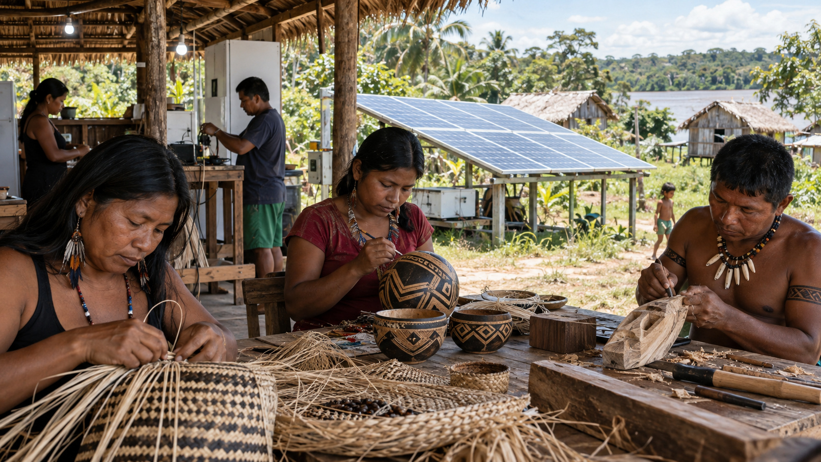 Aldeia indígena na Amazônia com painéis solares e atividade comunitária apoiada por energia elétrica.