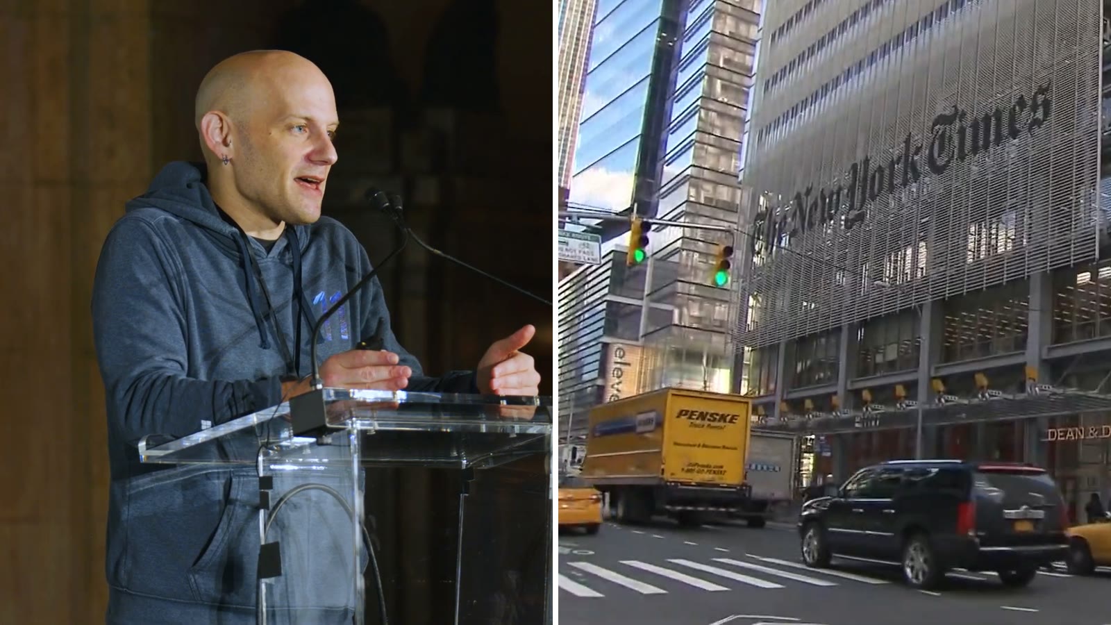 Brent Hecht, diretor de Ciência Aplicada da Microsoft, e a sede do New York Times, em Nova York.