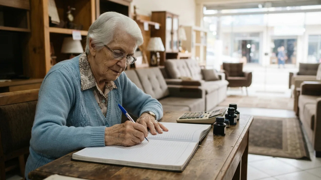 Mulher muito idosa de cabelo branco escrevendo num livro de registro aberto sobre a mesa, com o salão de uma loja de móveis ao fundo