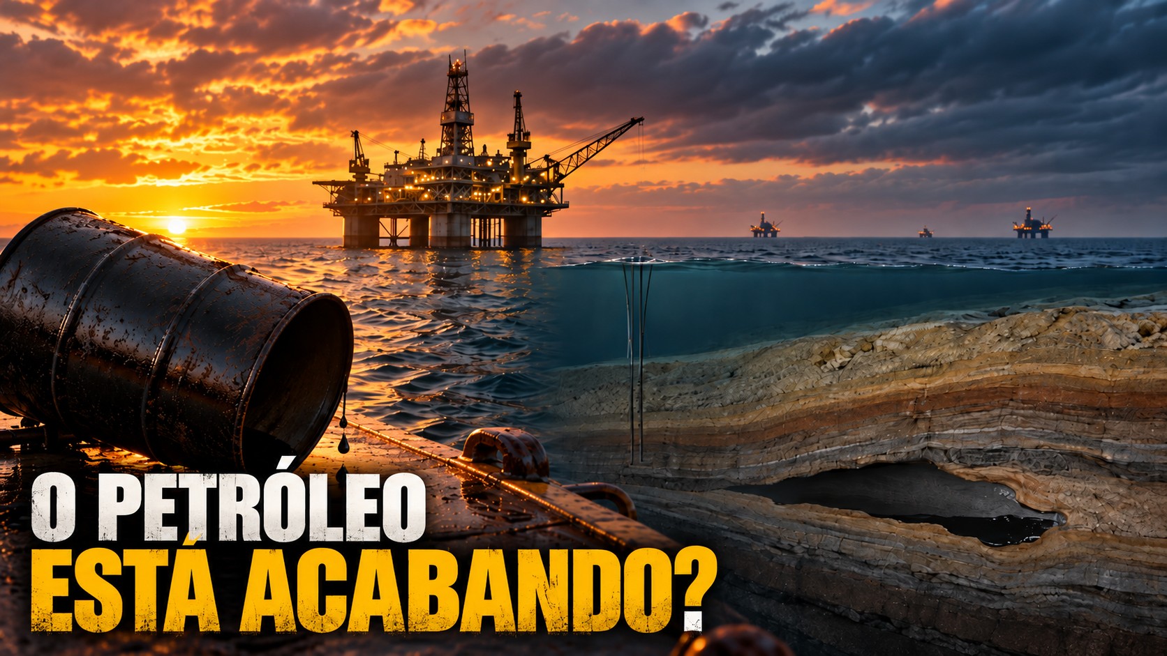 Plataforma de petróleo offshore com barril quase vazio e reservatório subterrâneo em destaque