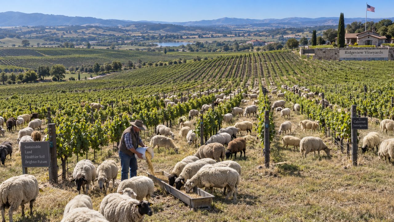 Ovelhas substituíram cortadores de grama em um vinhedo da Virgínia, que reduziu custos externos em quase 60% e passou a adotar práticas regenerativas. (Imagem ilustrativa)