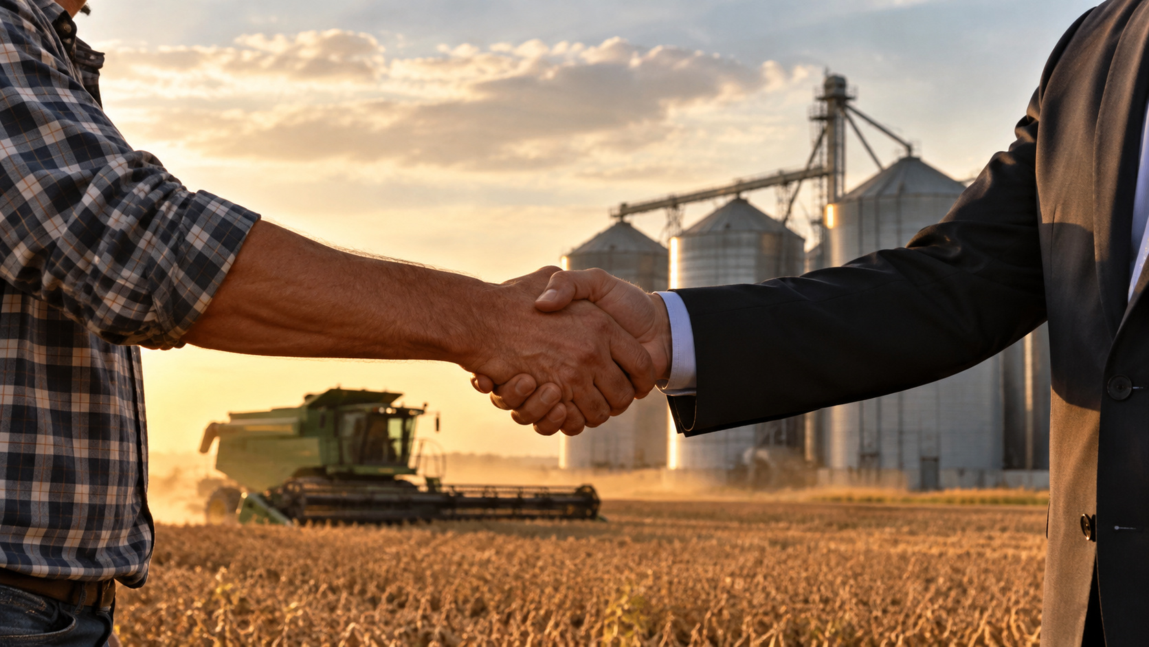 Produtor rural e empresário apertam as mãos em plantação com colheitadeira e silos ao fundo, ilustrando as demandas do agronegócio após reeleição de Lula.