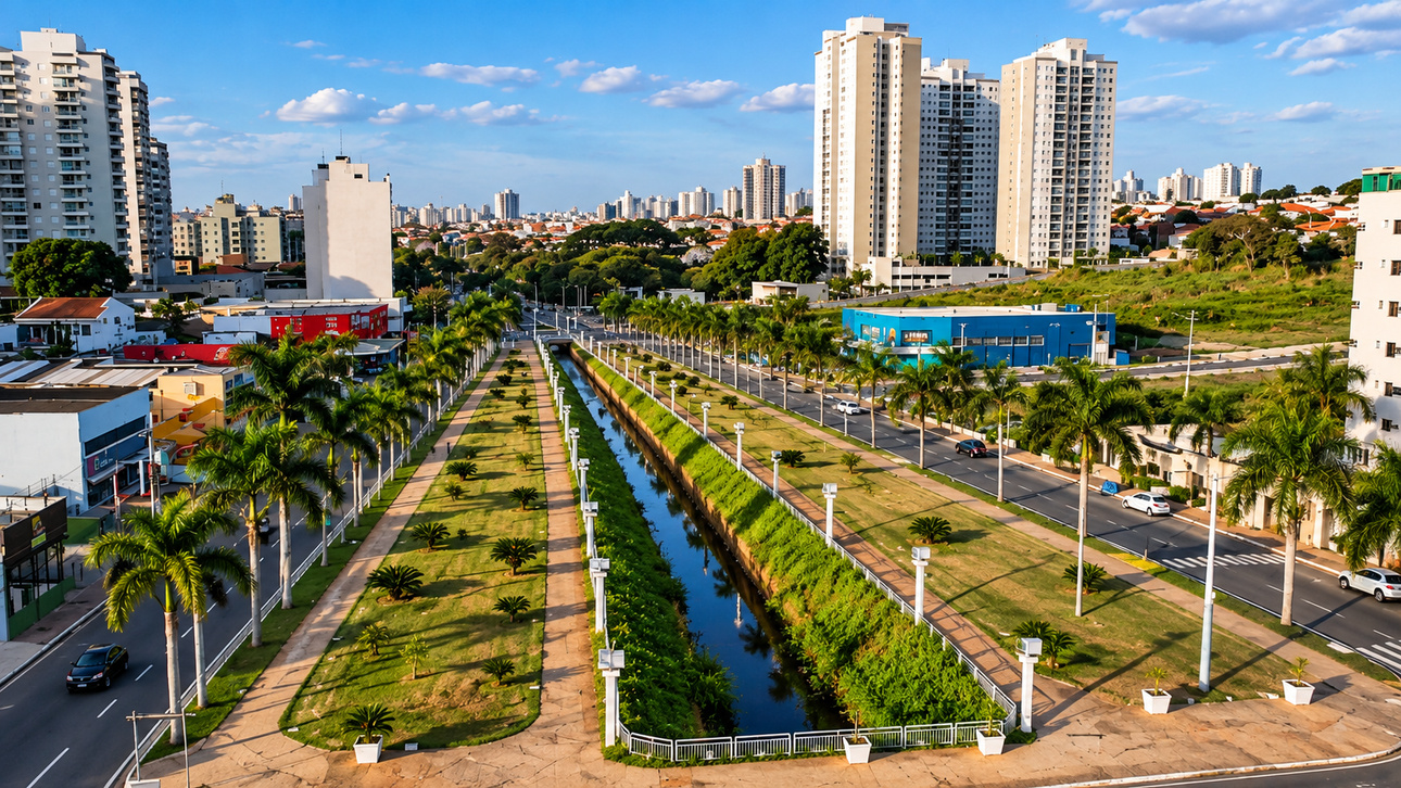 Vista aérea ilustrativa de Americana, SP, com canal, áreas verdes, palmeiras, avenidas e edifícios residenciais ao fundo.