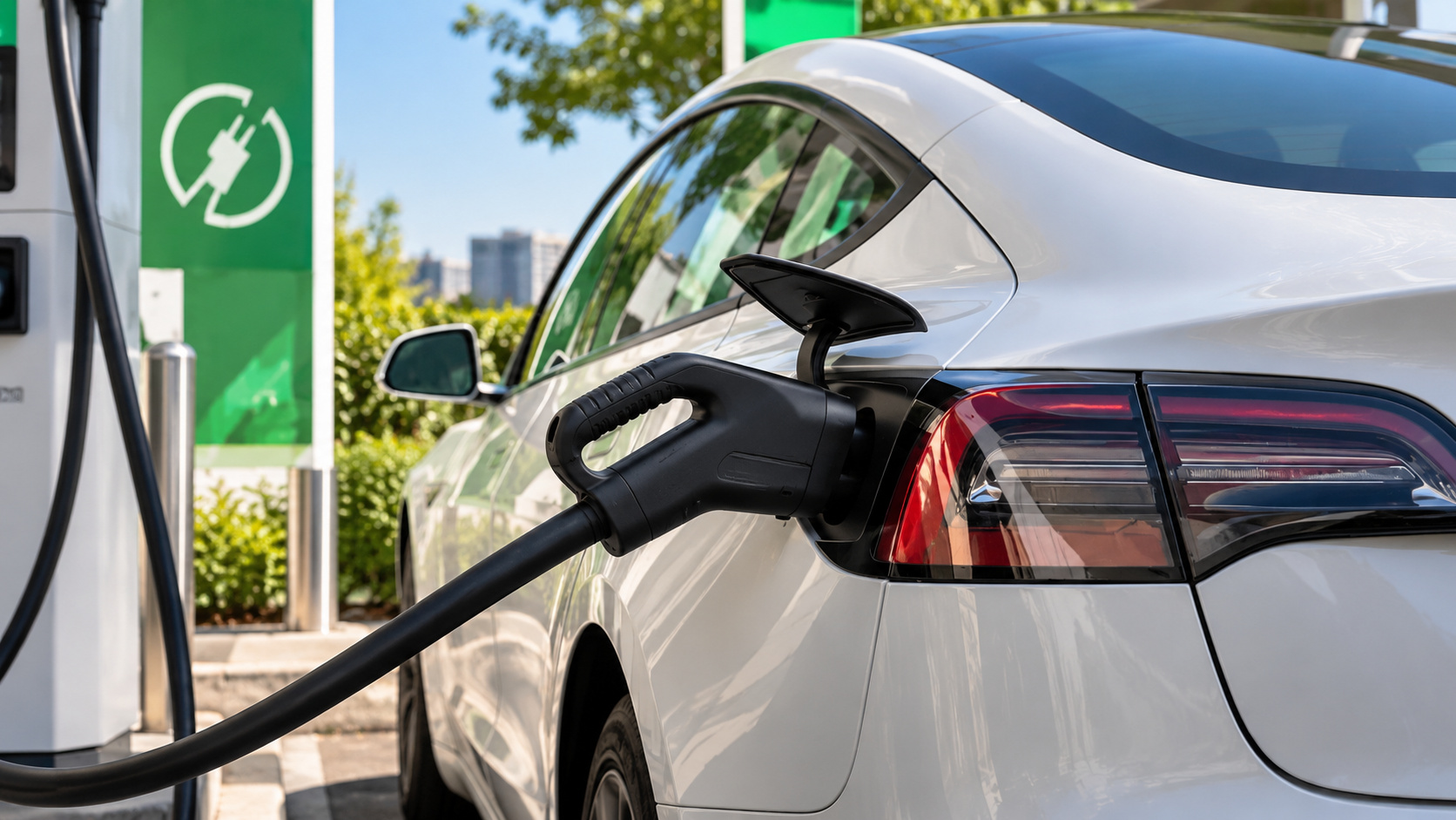 Carro elétrico branco conectado a uma estação de recarga, ilustrando o interesse de 87% dos brasileiros por veículos elétricos e economia com combustível.