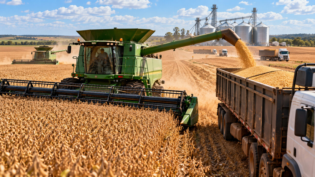 Colheitadeira descarrega soja em carreta graneleira durante operação agrícola brasileira.