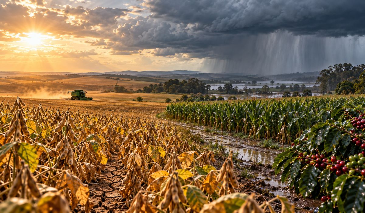 Embrapa reúne 163 medidas para reduzir riscos do El Niño na safra 2026/2027, com orientações para soja, milho, café e outras culturas. - Imagem: Ilustrativa via I.A