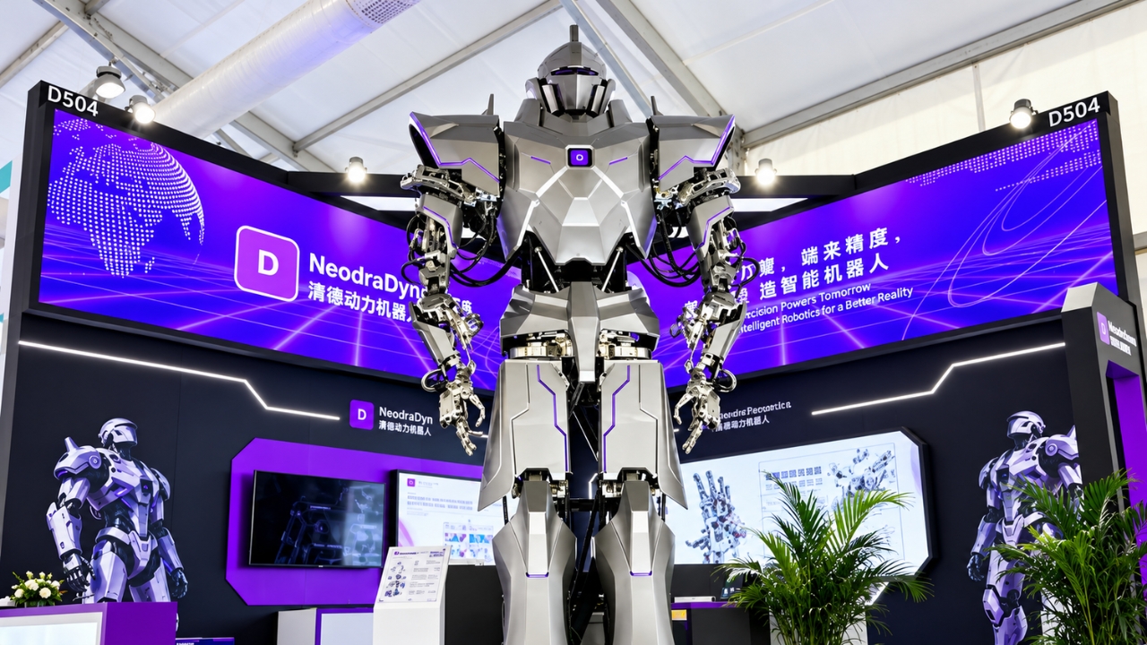China exibe robô humanoide industrial de 4 metros e 1,2 tonelada com 39 acionamentos hidráulicos, enquanto fabricante anuncia capacidade de 500 kg e mira portos e minas