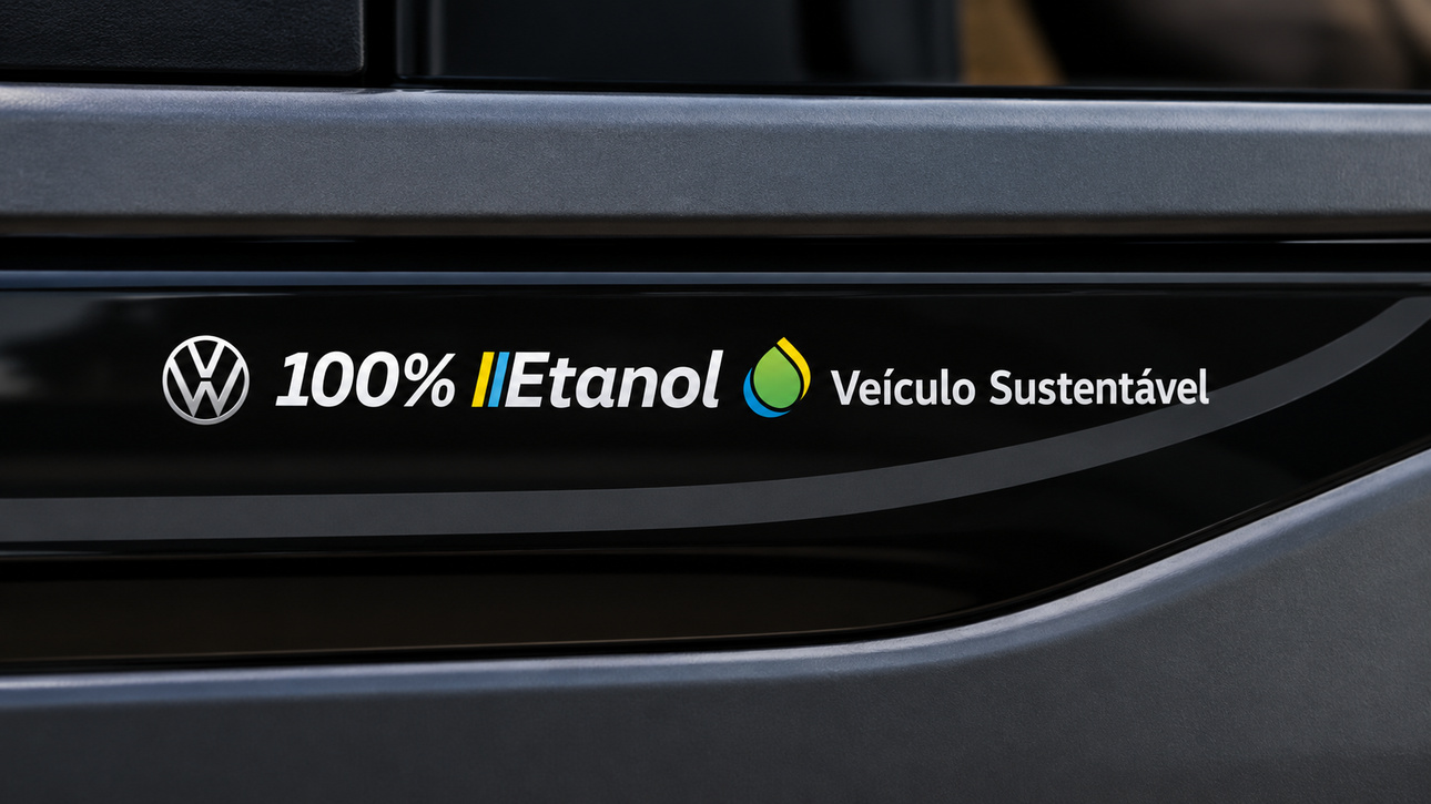 Detalhe do adesivo 100% Etanol e Veículo Sustentável da Volkswagen Saveiro Robust, nova picape movida exclusivamente a etanol.