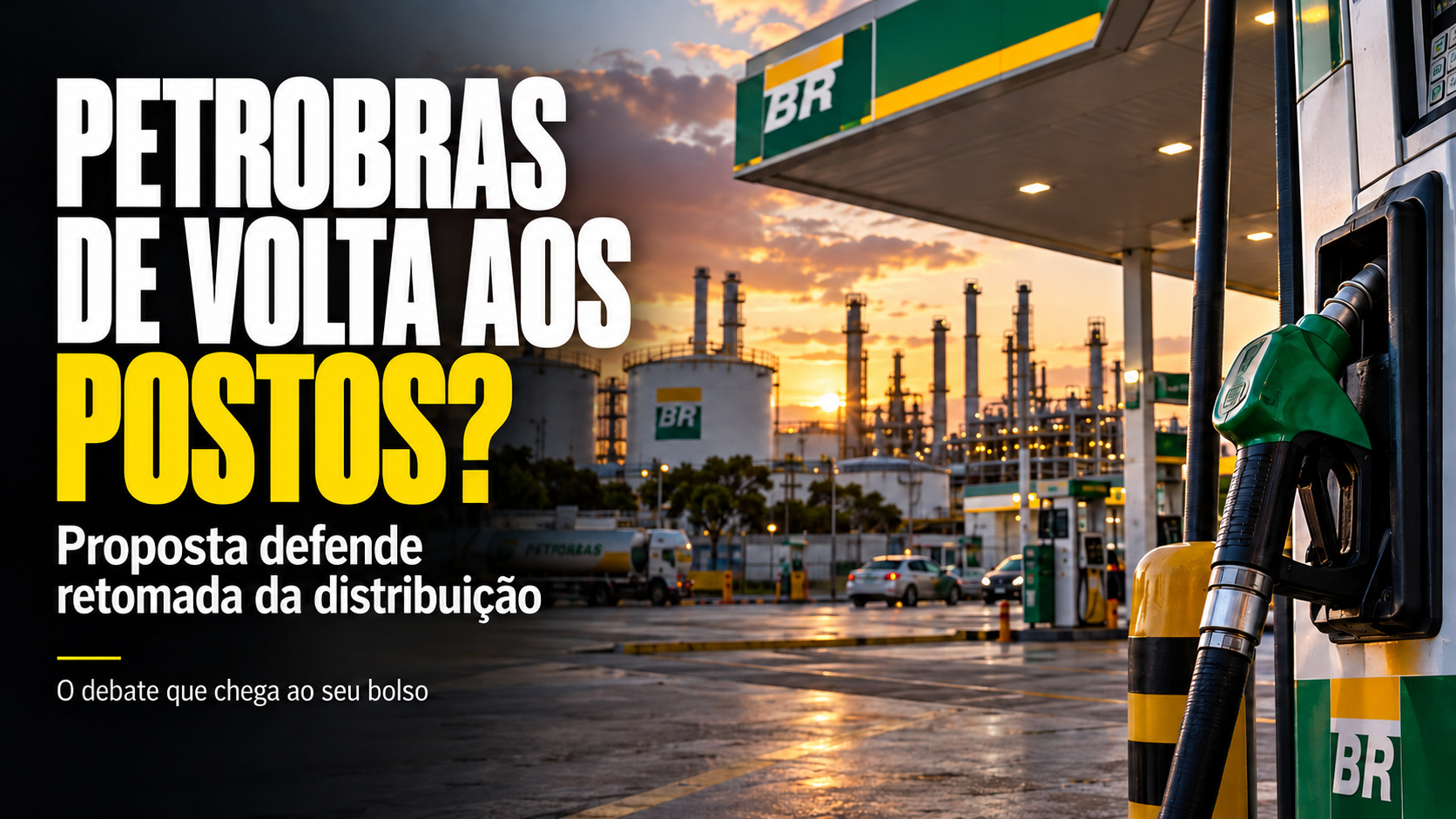 Ilustração de posto com bandeira BR, bico de abastecimento em primeiro plano e refinaria ao fundo, com a chamada “Petrobras de volta aos postos?”.