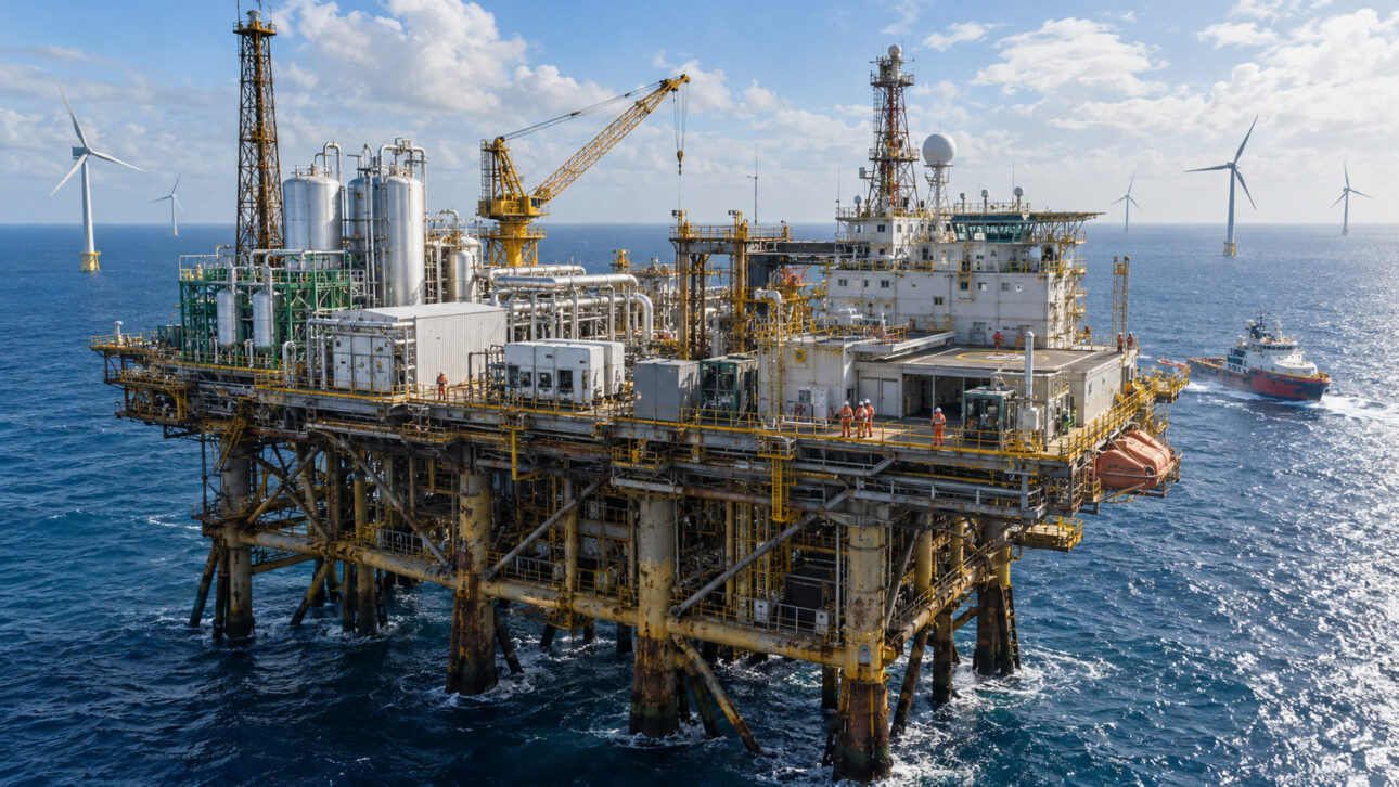 Plataforma de petróleo desativada adaptada para hidrogênio verde e energia eólica offshore.