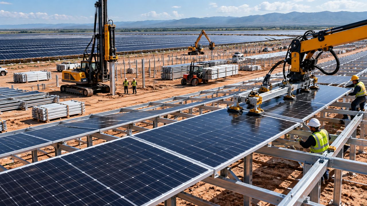 Usinas solares gigantes podem ficar 22% mais baratas e 30% mais rápidas de construir, enquanto nova abordagem combina robôs, aço, encaixe de módulos e pré-montagem no local (1)