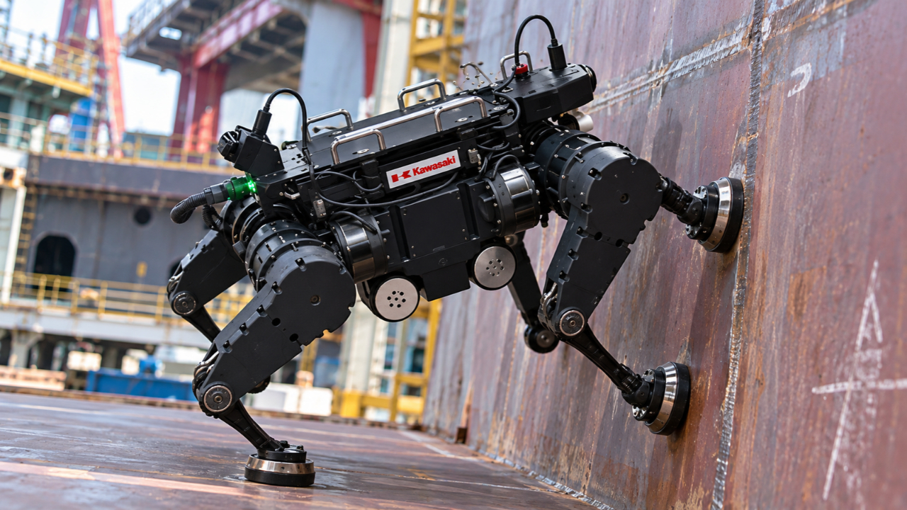 Kawasaki apresentou um robô de 60 centímetros com pés magnéticos e inteligência artificial para testes em estaleiros, com foco futuro em soldagem e inspeção.